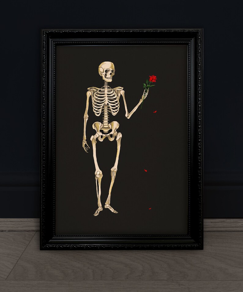 May include: A framed wall art print featuring a beige human skeleton standing against a solid black background. The skeleton holds a single red rose in its left hand, with three small red rose petals falling below the flower.