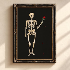 May include: A framed wall art print featuring a beige human skeleton standing against a solid black background. The skeleton holds a single red rose in its left hand, with a few small red rose petals falling below the flower.