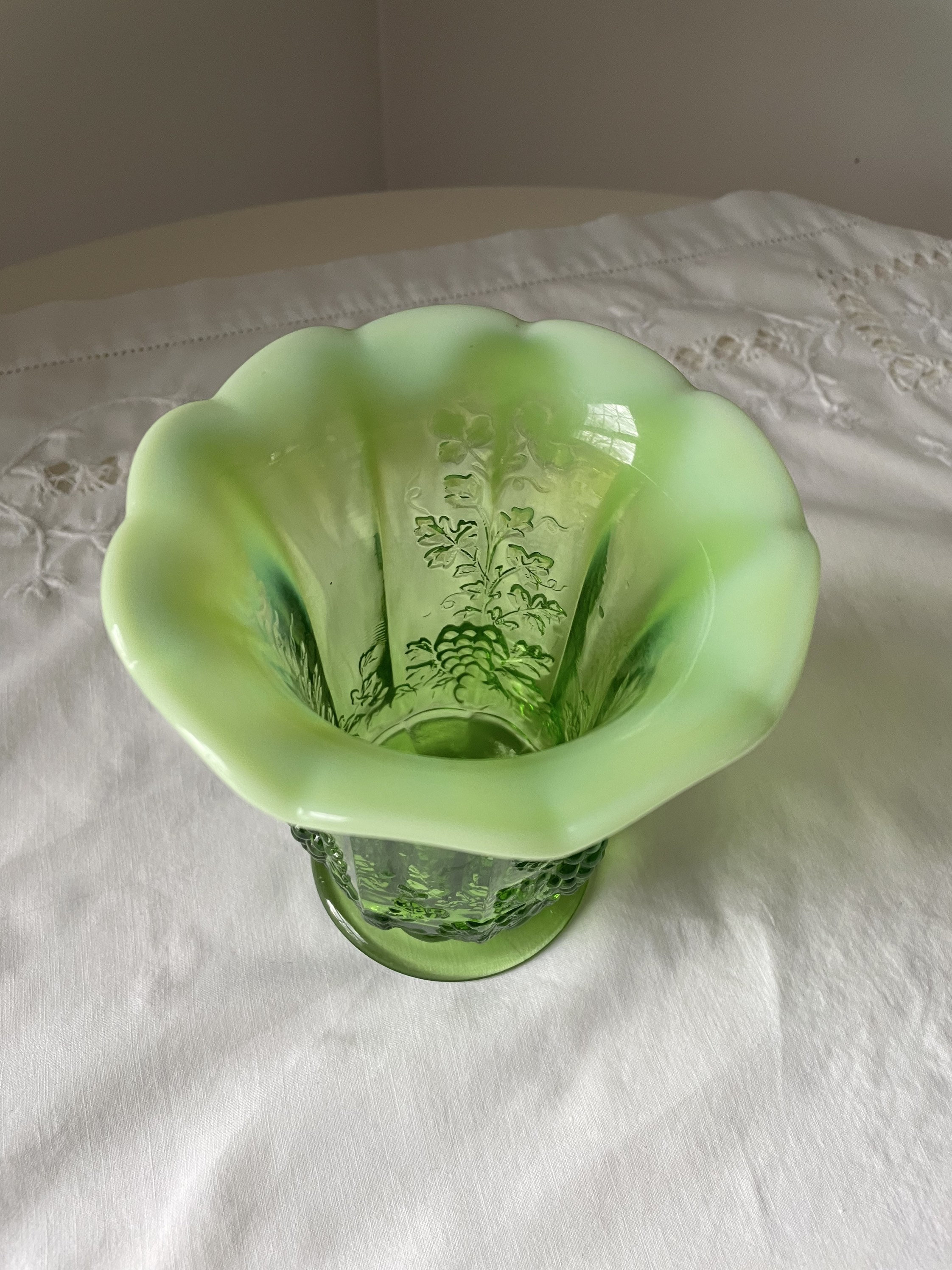 Large Moser Green Opalescent Vase Grape Pattern on Sides. Etsy