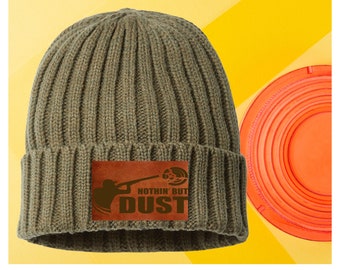 Nothing But DUST Leather Patch Beanie Clay Skeet Trap Shooting Laser Engraved Cap Hat