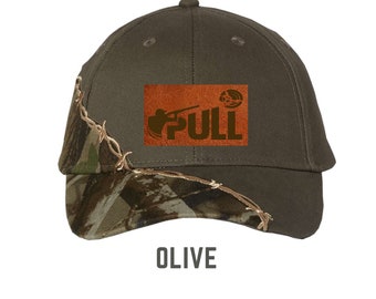 PULL Leather Patch Hat Clay Skeet Trap Shooting Laser Engraved Structured Ball Cap Hat