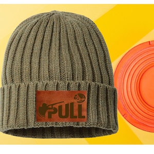 PULL Leather Patch Beanie Clay Skeet Trap Shooting Laser Engraved Cap Hat