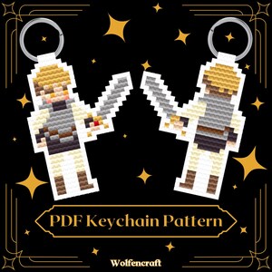 May include: Two pixel art keychains featuring a warrior with a sword, in shades of tan, white, gray, and brown. The keychains are attached to silver keyrings. The image also includes the text "PDF Keychain Pattern" and the brand name "Wolfencraft".