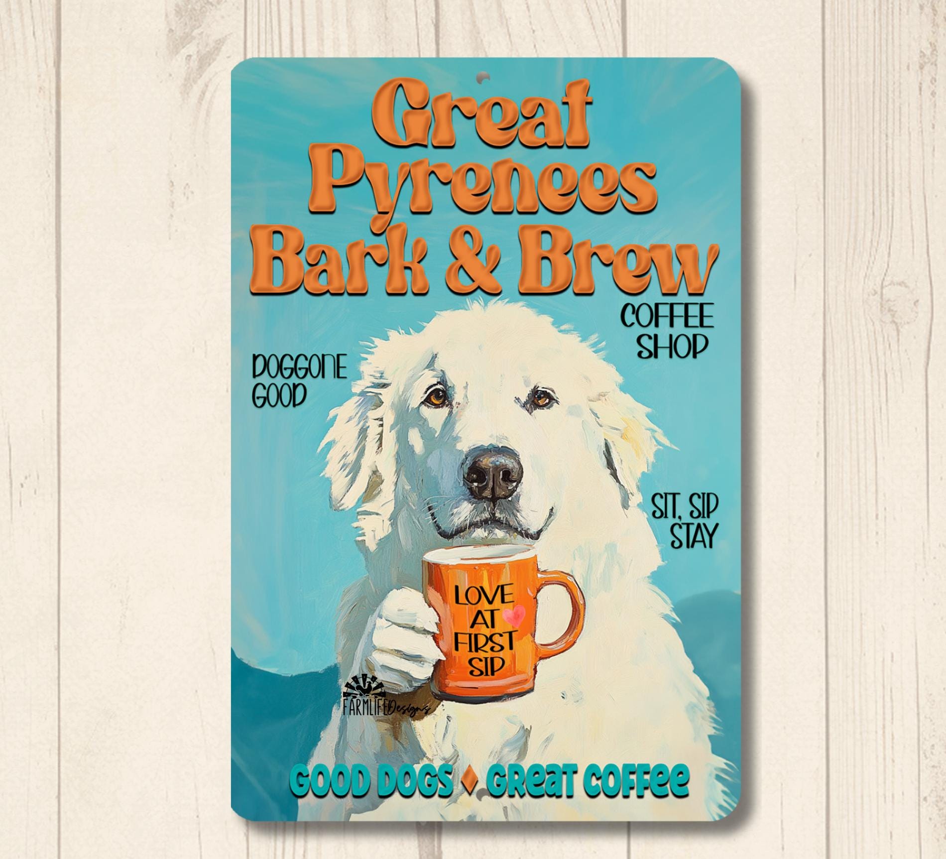 Great Pyrenees Coffee Bar gift, pyrenese bark & brew sign, coffee station art, dog decor, funny dog metal tin sign, dog mom gift, wall art
