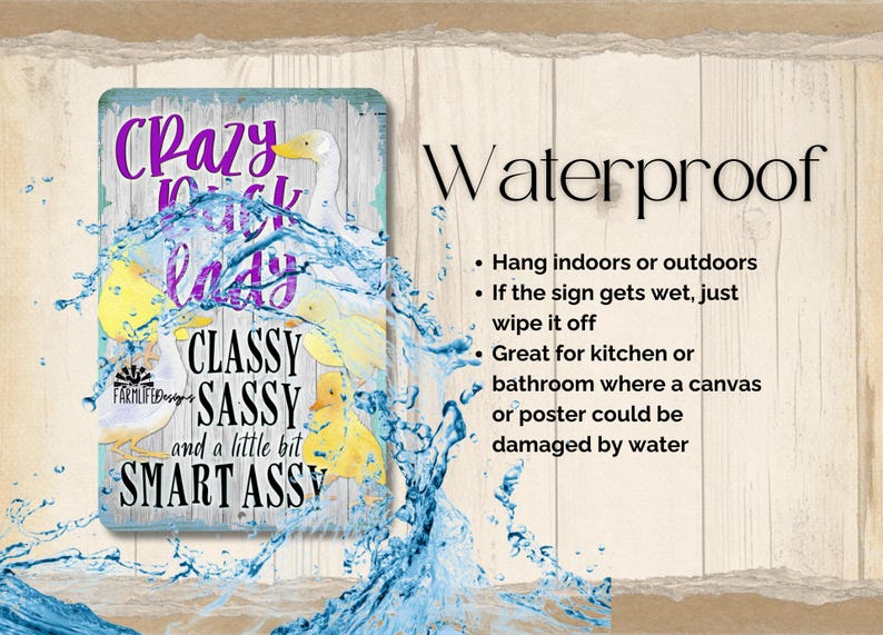 Puede incluir: Un letrero rectangular con el texto "Crazy Duck Lady" en morado y negro, con una ilustraci&oacute;n de pato. El letrero tambi&eacute;n dice "Classy, Sassy, and a little bit Smart Assy". El letrero es impermeable y adecuado para uso en interiores o exteriores.