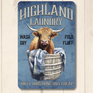 Highland Cow Laundry Room Sign, cow lover gift, cow in clothes basket hamper, farmhouse rustic metal tin wall art decor, housewarming gift