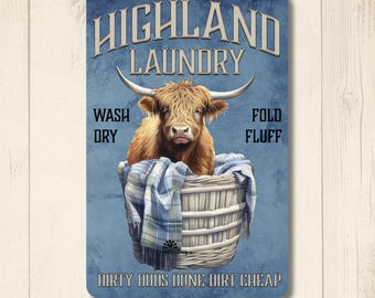 Highland Cow Laundry Room Sign, cow lover gift, cow in clothes basket hamper, farmhouse rustic metal tin wall art decor, housewarming gift