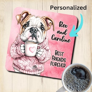 English Bulldog Personalized Best Friends Coaster, custom valentine coffee mug coaster, bull dog lover gift, cork backed, dog&#39;s name
