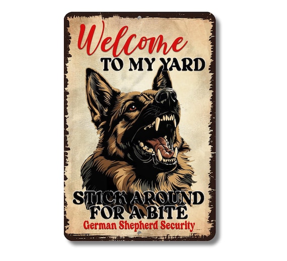 German Shepherd Welcome Sign, House or Yard, Dog Bites Metal Tin