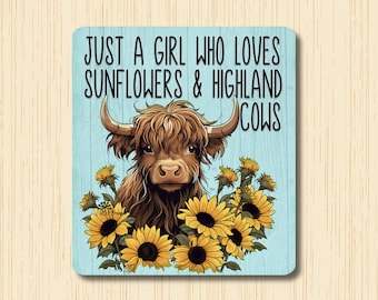 Highland Cow Gift, Just a Girl Who Loves Highland Cows & Sunflowers Refrigerator Magnet, large 4&quot; size, rustic kitchen decor, metal tin