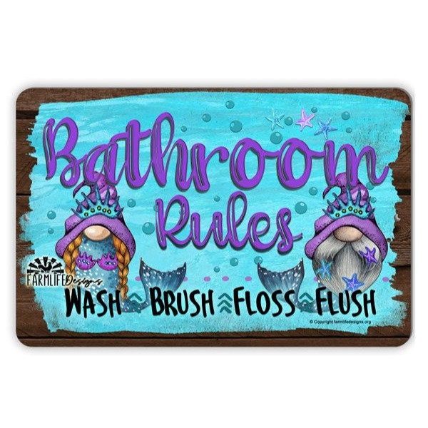 Mermaid Gnome Bathroom Sign, Bath Rules, mermaid wall art, gift for gnome lover, kids bathroom decor, metal wall art, gnome bath decor