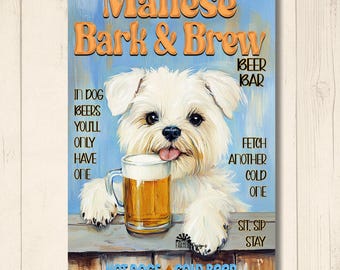 Maltese Beer Bar Sign, bark & brew pub, dog lover wall art, retro home pub decor, funny metal tin sign, terrier dad gift, man cave sign