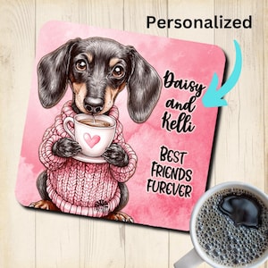 Dachshund Personalized Best Friends Coaster, custom valentine coffee mug coaster, dog lover gift, cork backed, wiener dog, doxie, weiner dog