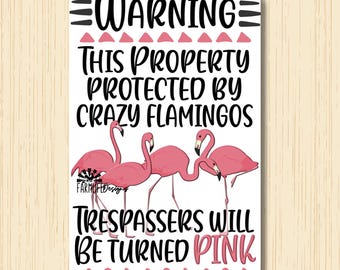Crazy Flamingo Trespassing Sign, Property Protected by Crazy Flamingos, metal tin wall art