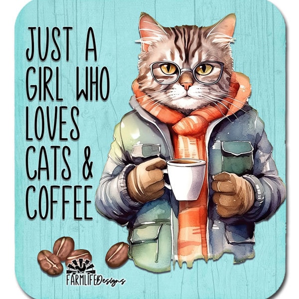 Just a Girl Who Loves Cats & Coffee Refrigerator Magnet, 4" cat drinking coffee, coffee bar, office gift, stocking stuffer, coffee lover