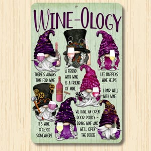 Gnome Wine Sign, wine sayings, wine lover gift, wine-ology, 8x12, gnome gift, gnome decor, bar sign, wine cellar wall art, drinking gnomes