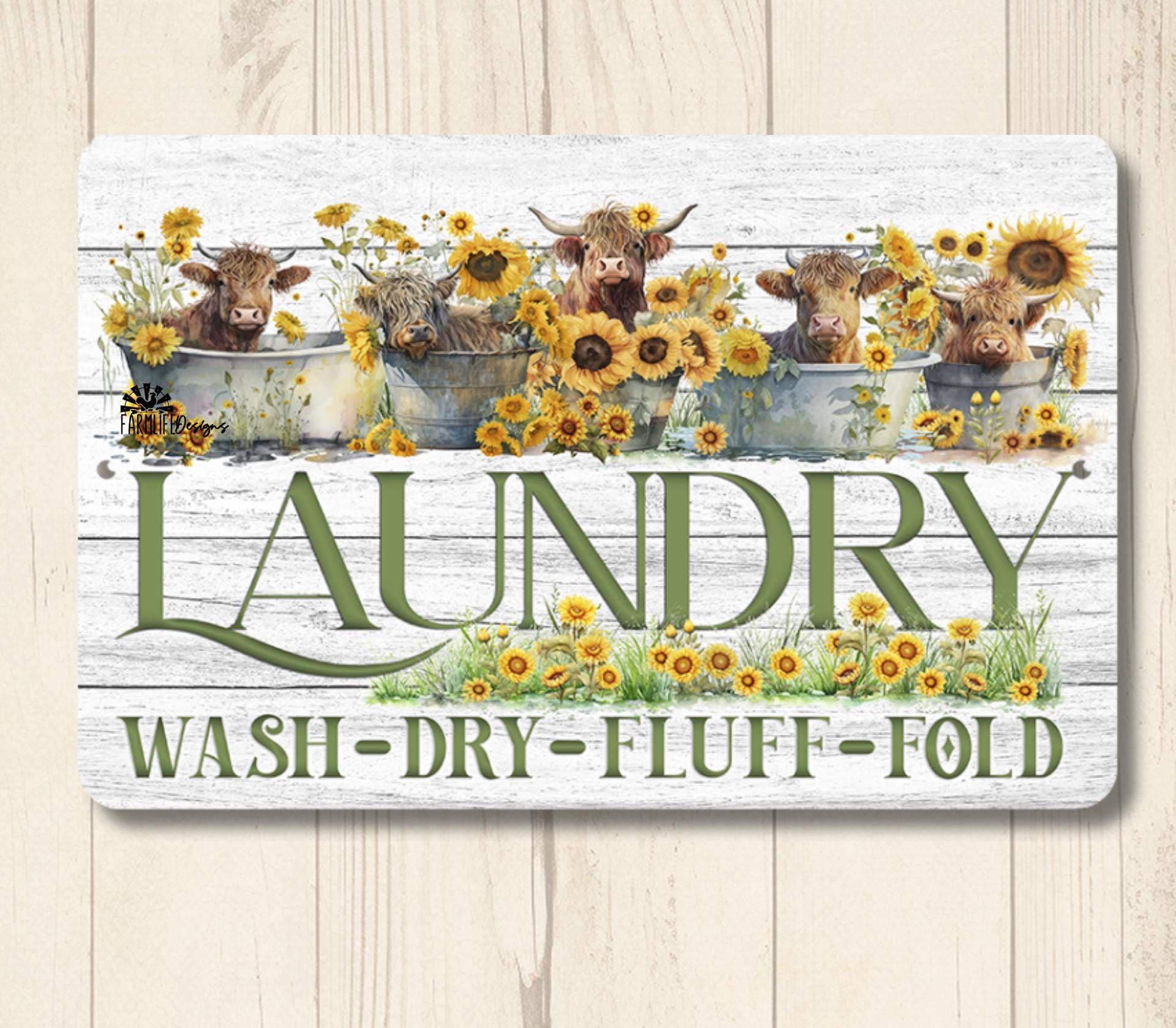 Highland Cow Sunflower Laundry room sign, cow lover gift, housewarming gift, highland cow decor, rustic farmhouse wall art, farm metal tin