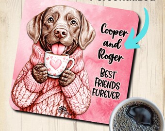 Chocolate Lab Personalized Best Friends Coaster, custom valentine coffee mug coaster, dog lover gift, cork backed, labrador retriever