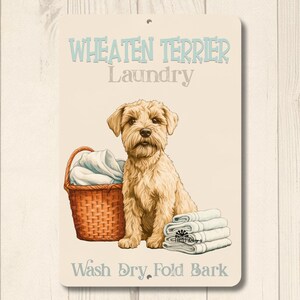 Wheaten Terrier Laundry Room Sign, funny metal tin wall art, wheaty dog, mom gift, farmhouse decor, wash fold bark