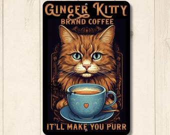Ginger Kitty Coffee Cat With Coffee Cup Advertising Sign, Cat