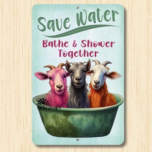 Colorful Goats in Bathtub - Save Water, Bathe & Shower Together, pop art, goat bathroom sign, bath sign, goat decor, goat lover gift