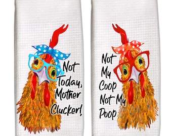 Two Funny Chicken Dish Towels, chicken kitchen decor, mothers day gift, gift for mom, chicken towel, rooster tea towel, chicken gift