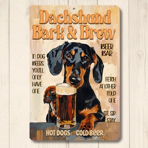 Dachshund Beer Bar gift, wiener dog bark & brew sign, home bar wall art, doxie decor, funny metal tin, man cave sign, sausage dog dad gift