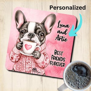 French Bulldog Personalized Best Friends Coaster, custom valentine coffee mug coaster, bull dog lover gift, cork backed, dog&#39;s name