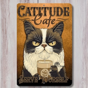 Funny Cat Coffee Sign, Cattitude Cafe, rustic metal tin wall art, coffee bar decor, black tuxedo cat, mothers day gift, gift for cat mom