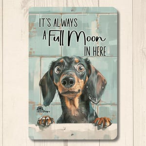 Dachshund bathroom decor, funny wiener dog bathhouse sign, Always a full moon toilet sign, bath wall art decor, weiner doxie metal tin sign