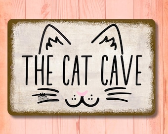Funny Cat Sign, cat cave, gift for cat lover, pet parent, funny metal art, cat mom gift, litter box sign, Mothers day gift, doggie door sign