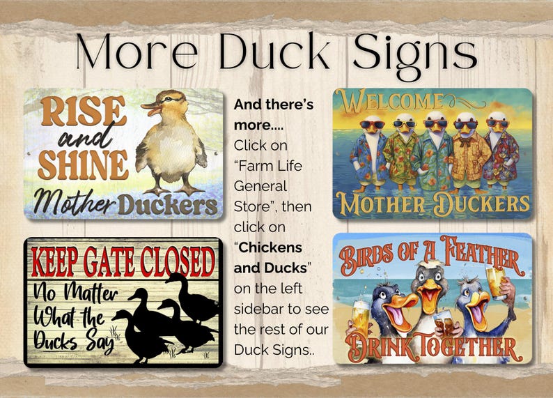 Puede incluir: Una colecci&oacute;n de letreros decorativos de patos con varios dise&ntilde;os y texto. Un letrero dice "Rise and Shine Mother Duckers" con una ilustraci&oacute;n de pato. Otro dice "Keep Gate Closed No Matter What the Ducks Say". Otros letreros muestran patos con gafas de sol y sosteniendo bebidas.