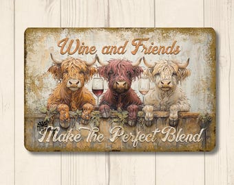 Highland Cow Wine Bar Sign, wine & friends, gift for cow lover, rustic barn decor, fluffy cow metal tin wall art, gift for her, gift for mom
