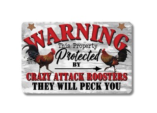 Targa Metallica Umoristica 'Warning This Property Is Protected By Highly Trained Chickens' - 20x30 Cm