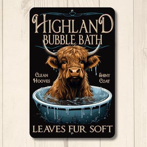 Highland Cow Bathroom sign gift, Bubble Bath wall art, cow in bathtub decor, funny metal tin farmhouse plaque, fluffy cow lover gift for mom