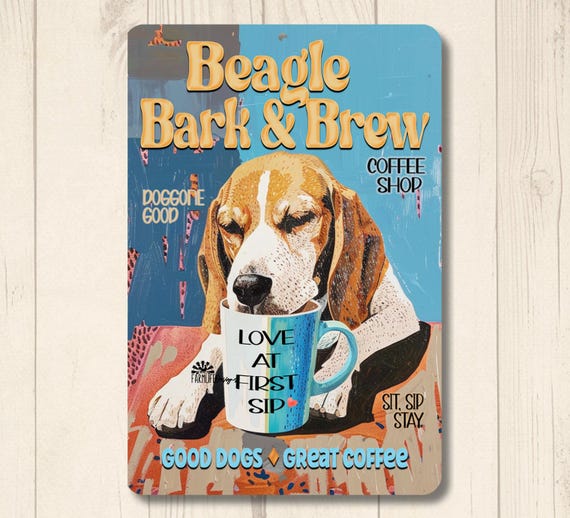 Beagle Coffee Bar Gift, Funny Metal Tin Wall Art, Bark Brew