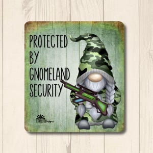 Gnomeland Security Magnet, Camo girl gnome, gift for gnome lover, gnome kitchen decor, funny gnome magnet, metal gnome tin, stocking stuffer