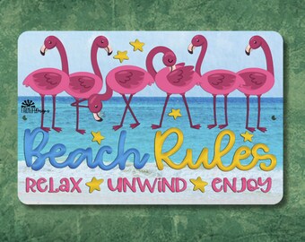 Flamingo Beach Rules Sign, metal tin wall art plaque coastal house decor, indoor outdoor