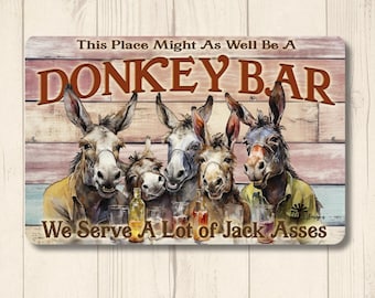 Donkey Bar Sign, donkeys drinking cocktails, Funny Man Cave Sign, metal tin wall art plaque, donkey lover gift, farm barnyard home bar decor