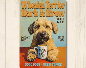 Wheaten Terrier Coffee Bar gift, Wheatie bark & brew sign, funny dog metal tin wall art, wheaty mom gift, coffee station decor, gift for her