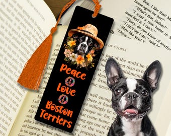 Boston Terrier dog Bookmark Gift, dog mama gift, metal book mark, hippie dog design, Terrier dad gift, gift for book reader, book lover gift
