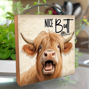 Highland Cow bathroom sign, small hanging art, funny shelf sitter, wood & metal box sign, nice butt, mothers day gift, bath gift for mom