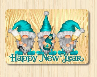 Happy New Year Gnomes, gnome lover gift, new year's eve party decoration, gnome new year's decor, metal tin sign, gnomes with champagne