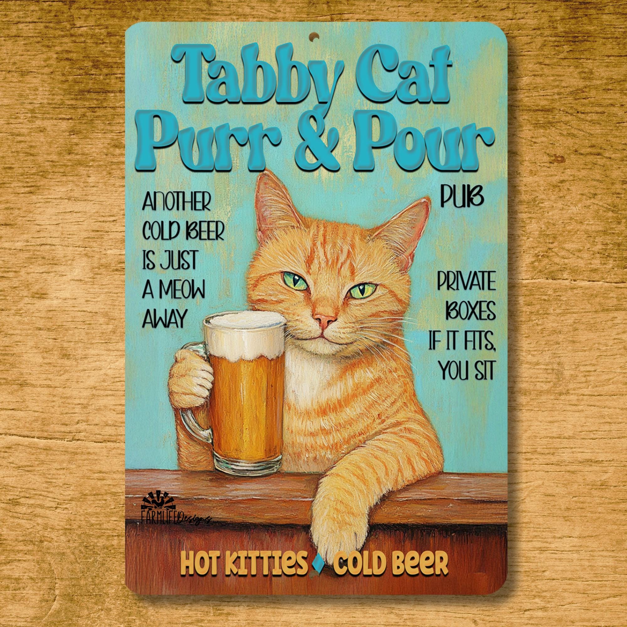 ねこばーぐページ Orange Tabby Cat Beer Bar Sign, Purr & Pour, Kitty Lover Wall Art