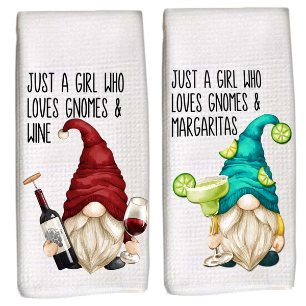 Two Gnome Dish Towels, gnomes kitchen decor, wine gnome, margarita gnome, gnome gift, kitchen gnome tea towels, gnome lover decor gift