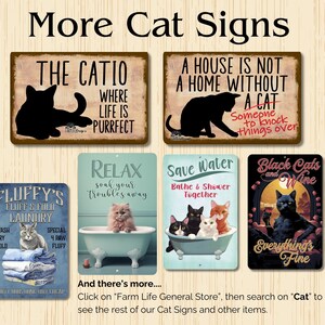 May include: A collection of eight metal signs featuring cats and humorous sayings. The signs are decorated with various colors and designs, including a cat in a bathtub, a cat with a glass of wine, and a cat knocking things over. The signs are perfect for adding a touch of whimsy to any home.