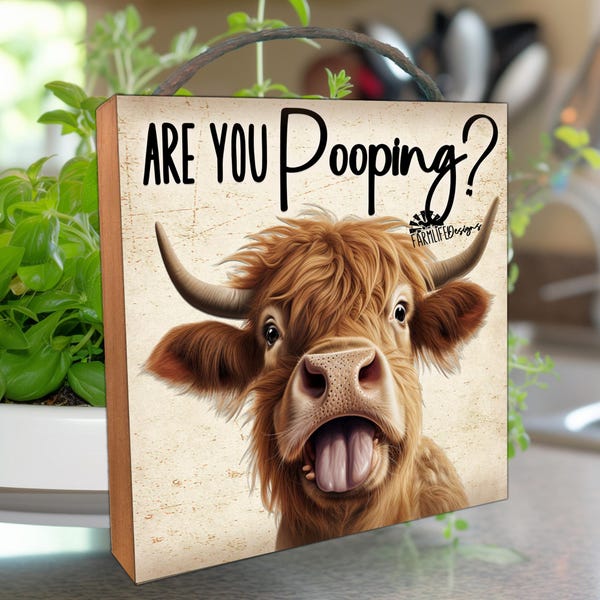 Highland Cow bathroom sign, small hanging art, funny shelf sitter, wood & metal box sign, are you pooping toilet, mothers day gift for mom