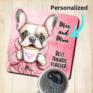 French Bulldog Personalized Best Friends Coaster, custom valentine coffee mug coaster, bull dog lover gift, cork backed, dog&#39;s name