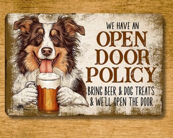 Collie beer sign, Open Door Policy, funny man cave decor, metal tin dog bar wall art