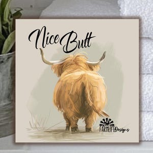 Highland Cow Bathroom sign, shelf sitter, small hanging plaque, wood & metal box sign, cute mom stocking stuffer, Nice butt bath decor